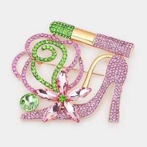 Rhinestone Pave High Heel Flower Lipstick Brooch